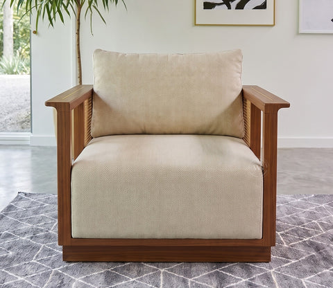 Varnik 3+1+1 Ash Wood Sofa Set with Cane Accents (Teak Finish, Cottage Ivory)