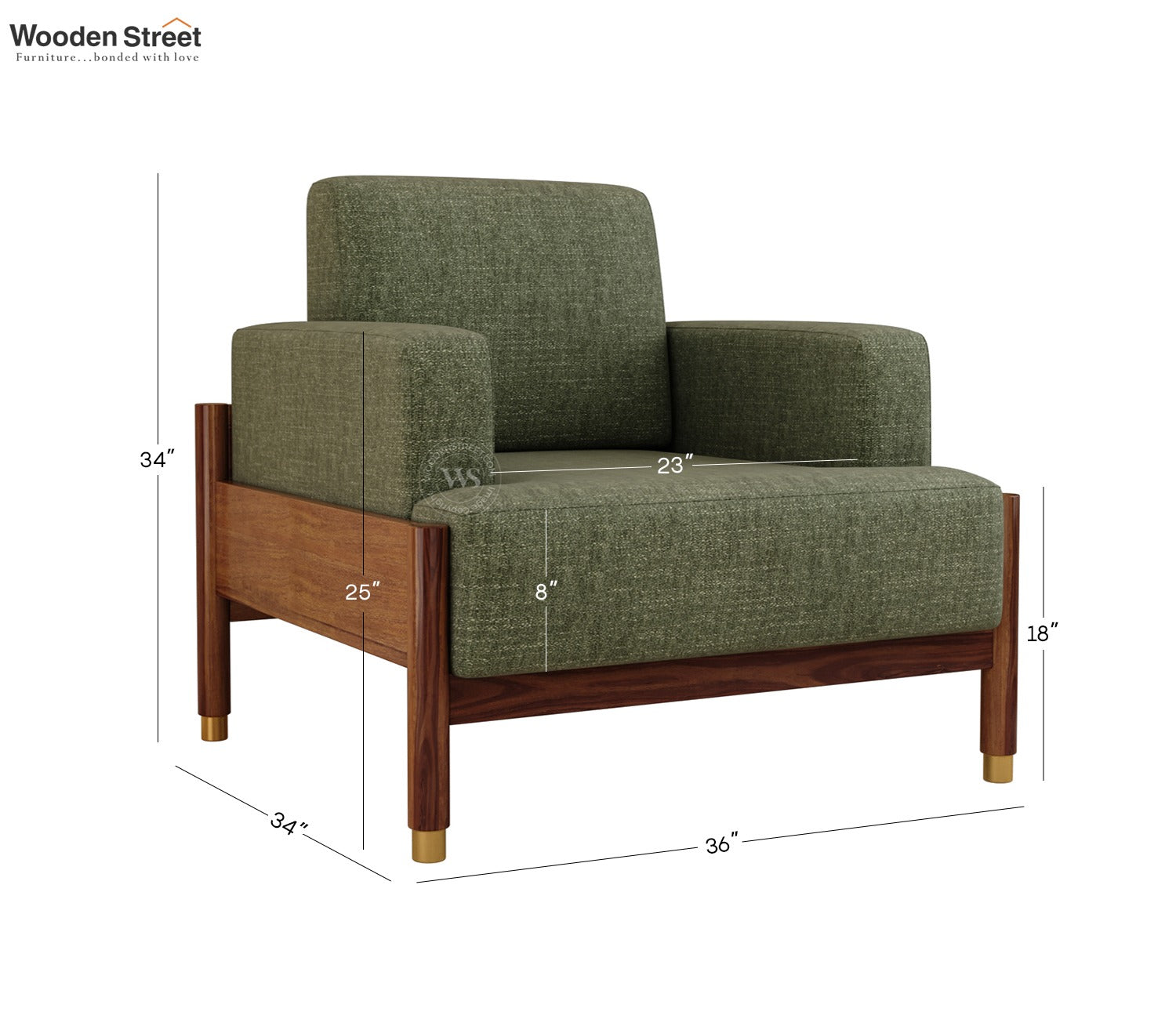 Kairav Modern 1 Seater Wooden Sofa with Premium Upholstery (Sage Green)