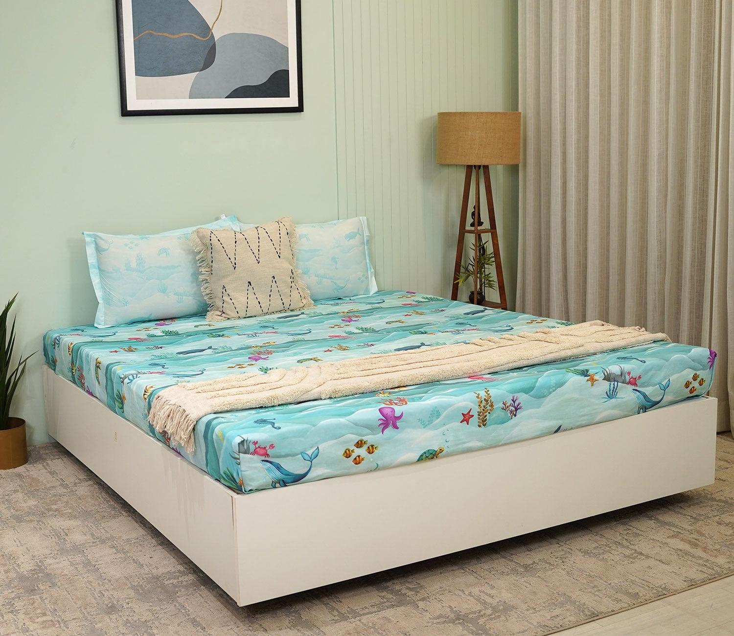 Seashore Flat Cotton Kids Bed Sheet King Size with 2 Pillow Covers