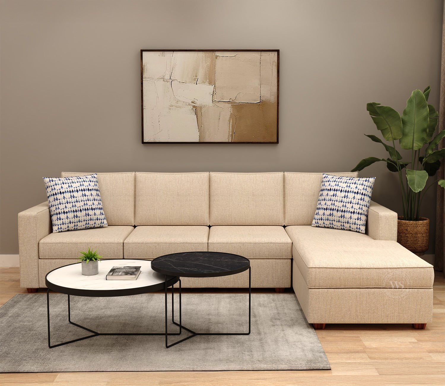 Albus L-Shape 5 Seater Sofa (Cotton, Jade Ivory)