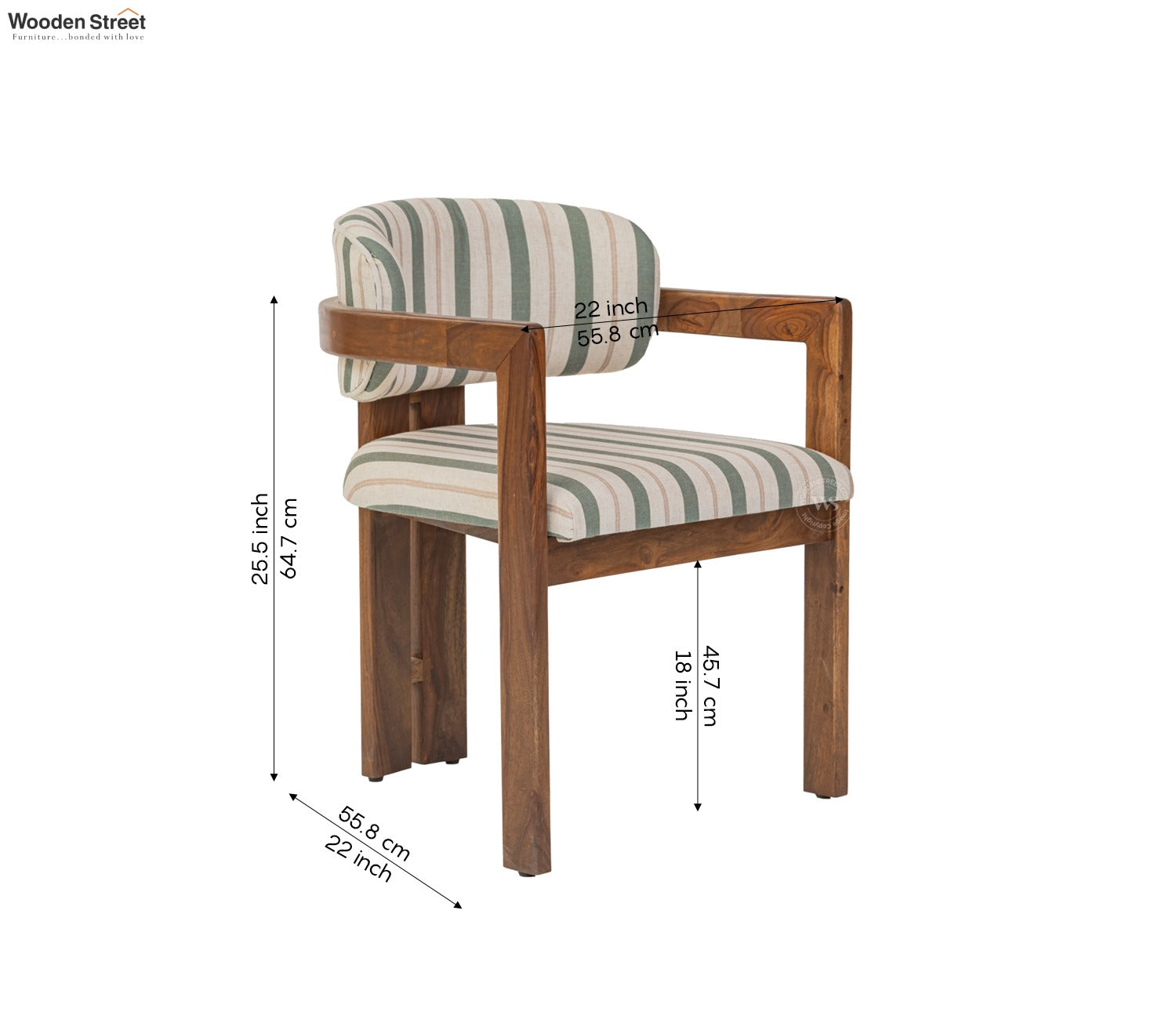 Kaaya Sheesham Wood Arm Chair With Premium Upholstery (Green Stripes, Teak Finish)