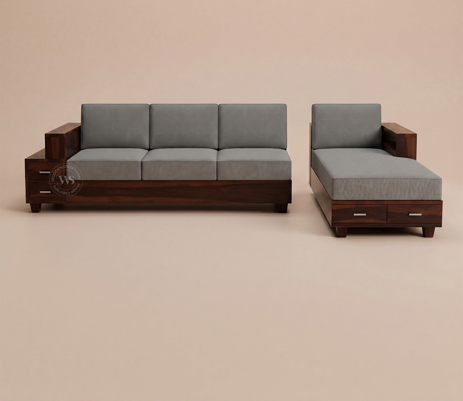 Solace L-Shape Right Aligned 4 Seater Sheesham Wood Sofa (Walnut Finish, Warm Grey)