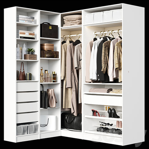 Trueliving 5 Door Corner White wardrobes Laminated Finish & PU Finish with Drawers 8Ft *2Ft *9Ft -2438.4MM X 609MM X 2743.2MM)