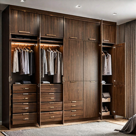 Trueliving 4 Door Fitted Brown wardrobe Laminated Finish & PU Finish with Drawers (6Ft *2Ft *9Ft -1828.8MM X 609MM X 2743.2MM)