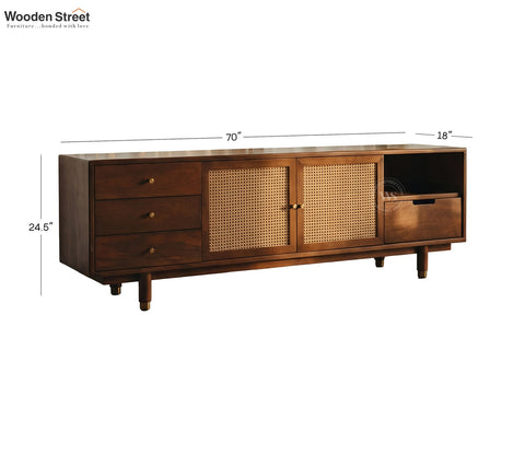 Eka Premium Mango Wood TV Unit with Natural Cane Detailing - Bohemian Contemporary Design (Teak Finish)