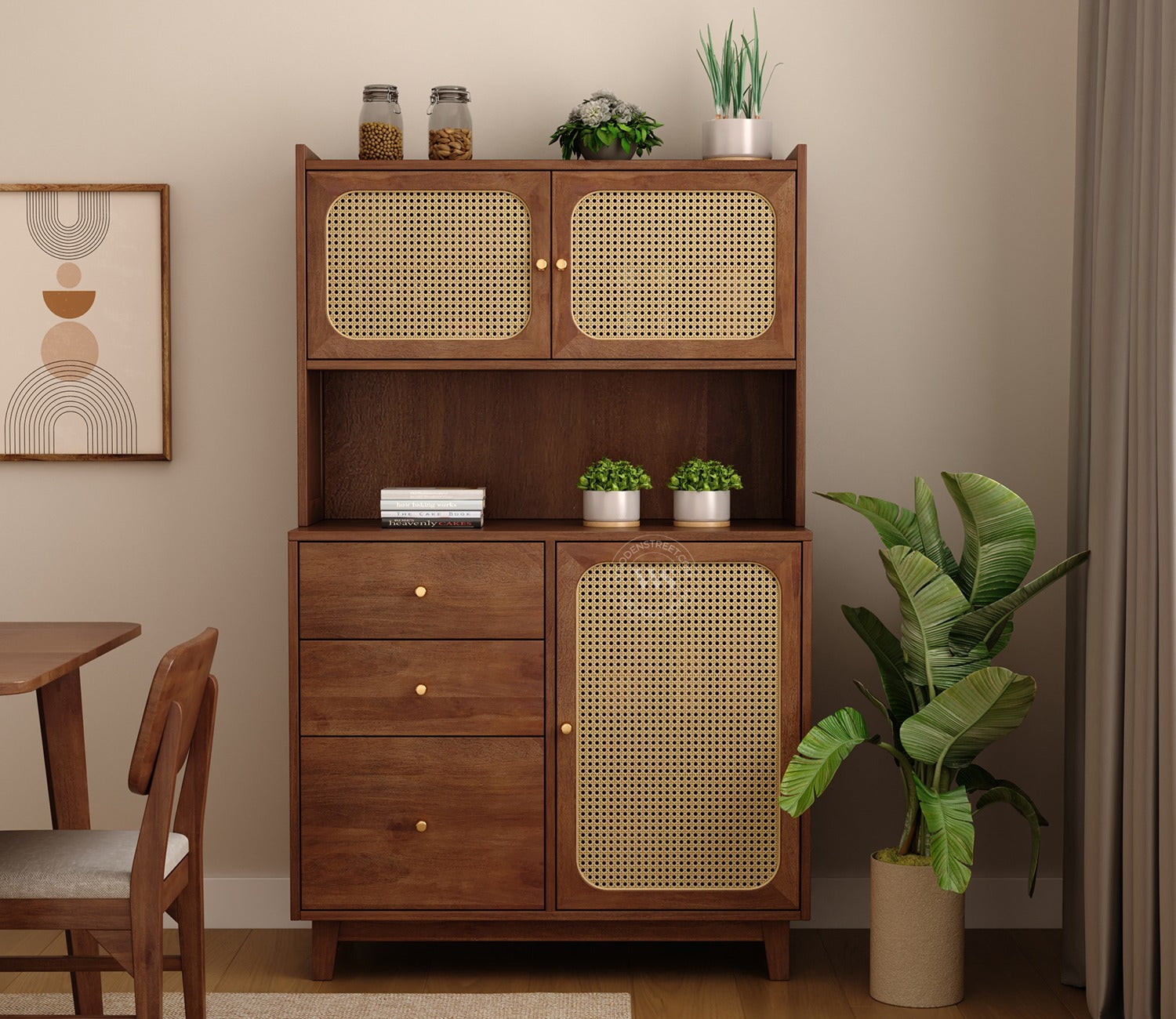Divit Mango Wood Kitchen Cabinet with Cane Detailing & Brass Knobs (Teak Finish)