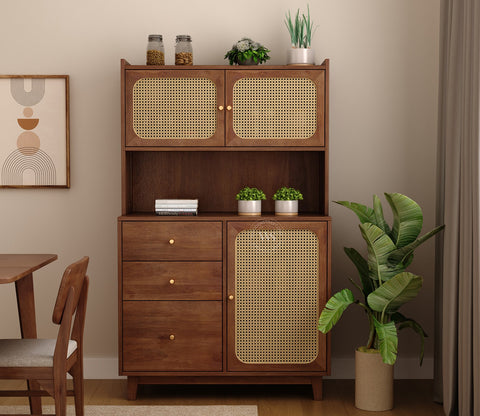 Divit Mango Wood Kitchen Cabinet with Cane Detailing & Brass Knobs (Teak Finish)