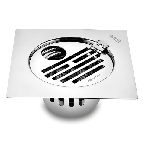 Trueliving_Classic Silver Square Flat Cut 304-Grade Floor Drain with Hinge, Hole & Cockroach Trap (6 x 6 Inches)