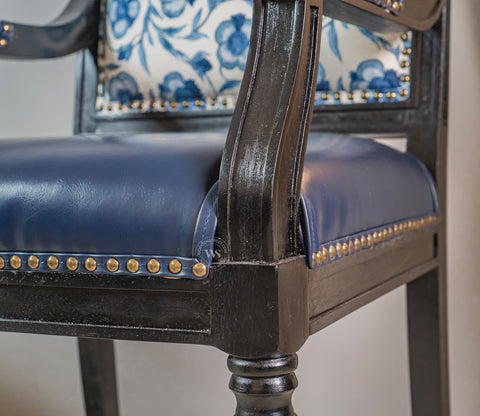 Heritage Dual Upholstery Sheesham Wood Arm Chair with Brass Detailing (Blue)