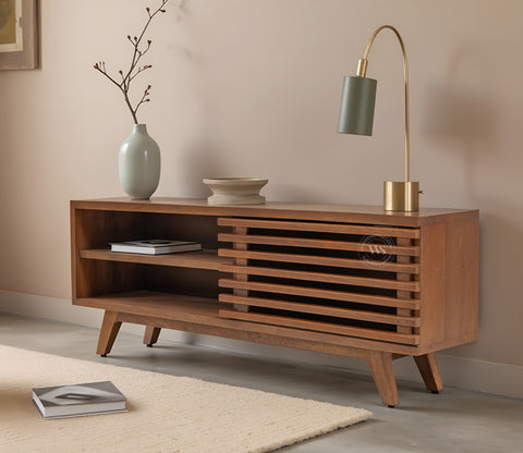 Axcel Mango Wood TV Unit with Pull-Down Drawer & Open Shelves (Teak Finish)