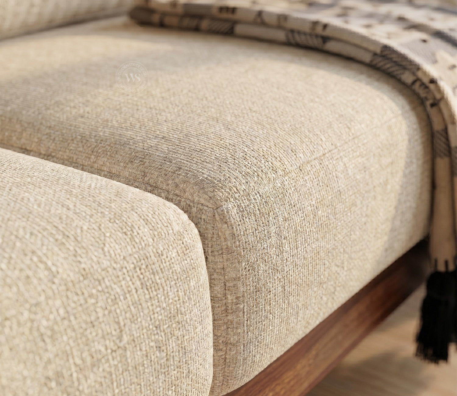 Vedic Sheesham Wood L Shape Left Align Sofa With Cane and Brass Detailing (Honey Finish, Jade Ivory)