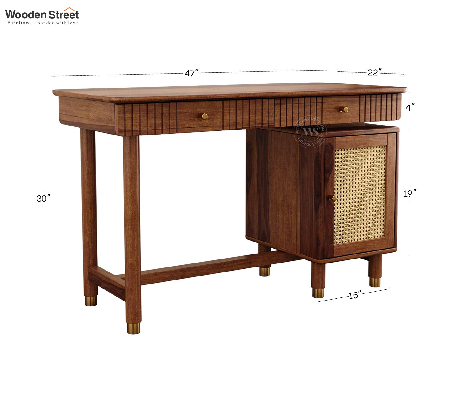 Kalam Modern Designer Sheesham Wood Study Table with Cane Accents & Drawer Storage (Teak Finish)