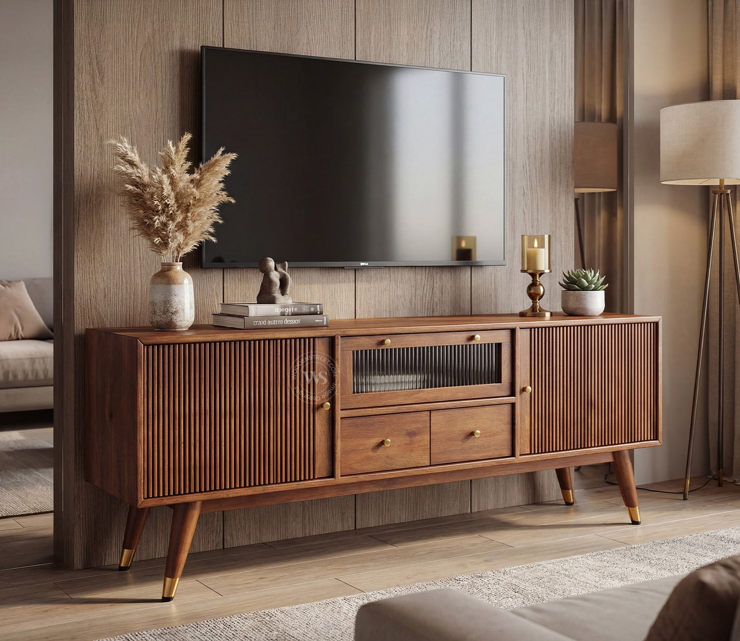 Hamona Premium Mango Wood TV Unit with Drawers And Cabinets (Teak Finish)