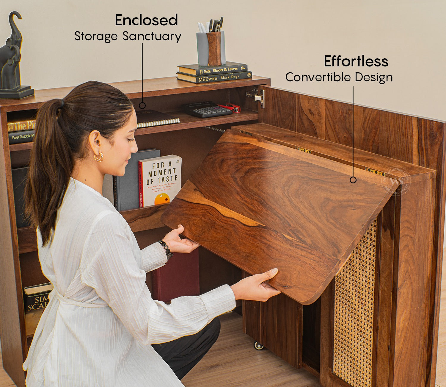 Vitara Premium Solid Wood Convertible Study Table With Hidden Storage, Cane & Brass Accents (Sheesham Wood, Teak Finish)