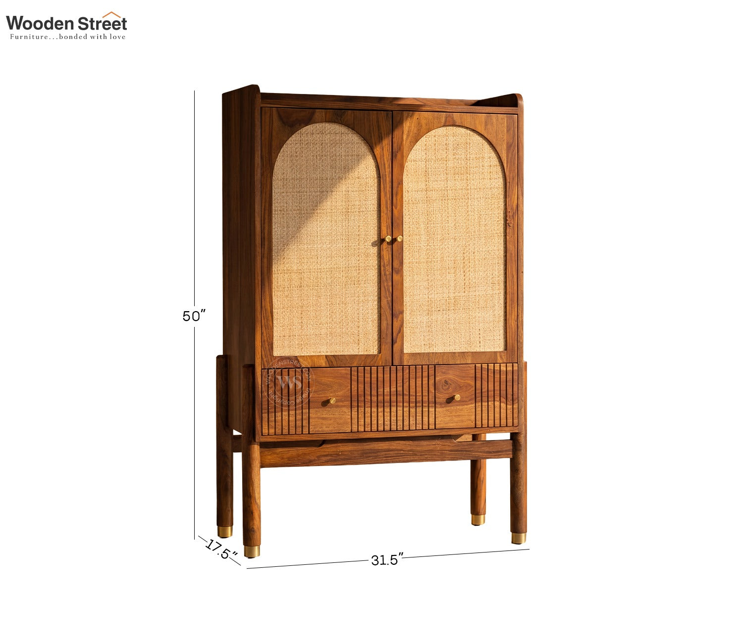 Amodh Sheesham Wood Bar Cabinet with Arched Cane Doors & Brass Handles (Teak Finish)