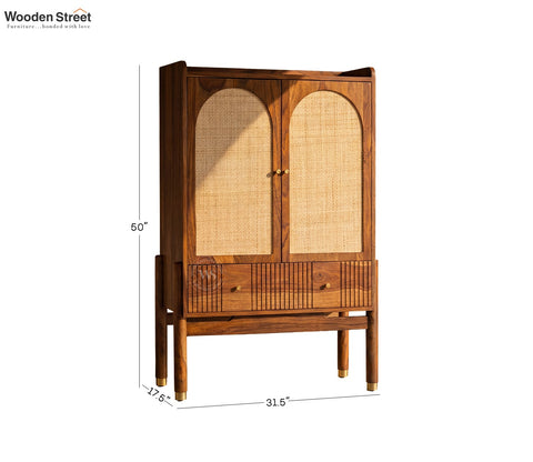 Amodh Sheesham Wood Bar Cabinet with Arched Cane Doors & Brass Handles (Teak Finish)