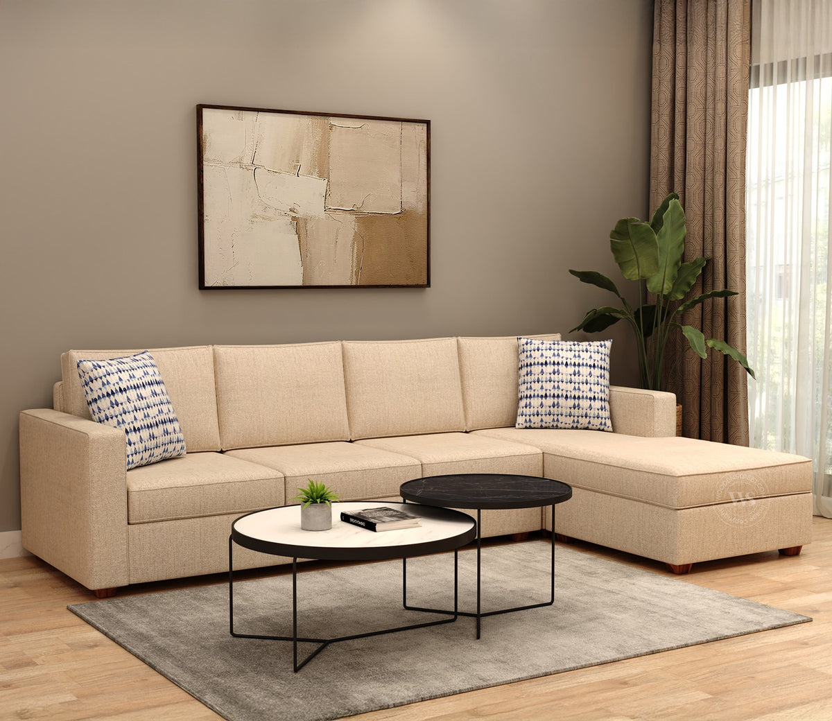 Albus L-Shape 5 Seater Sofa (Cotton, Jade Ivory)