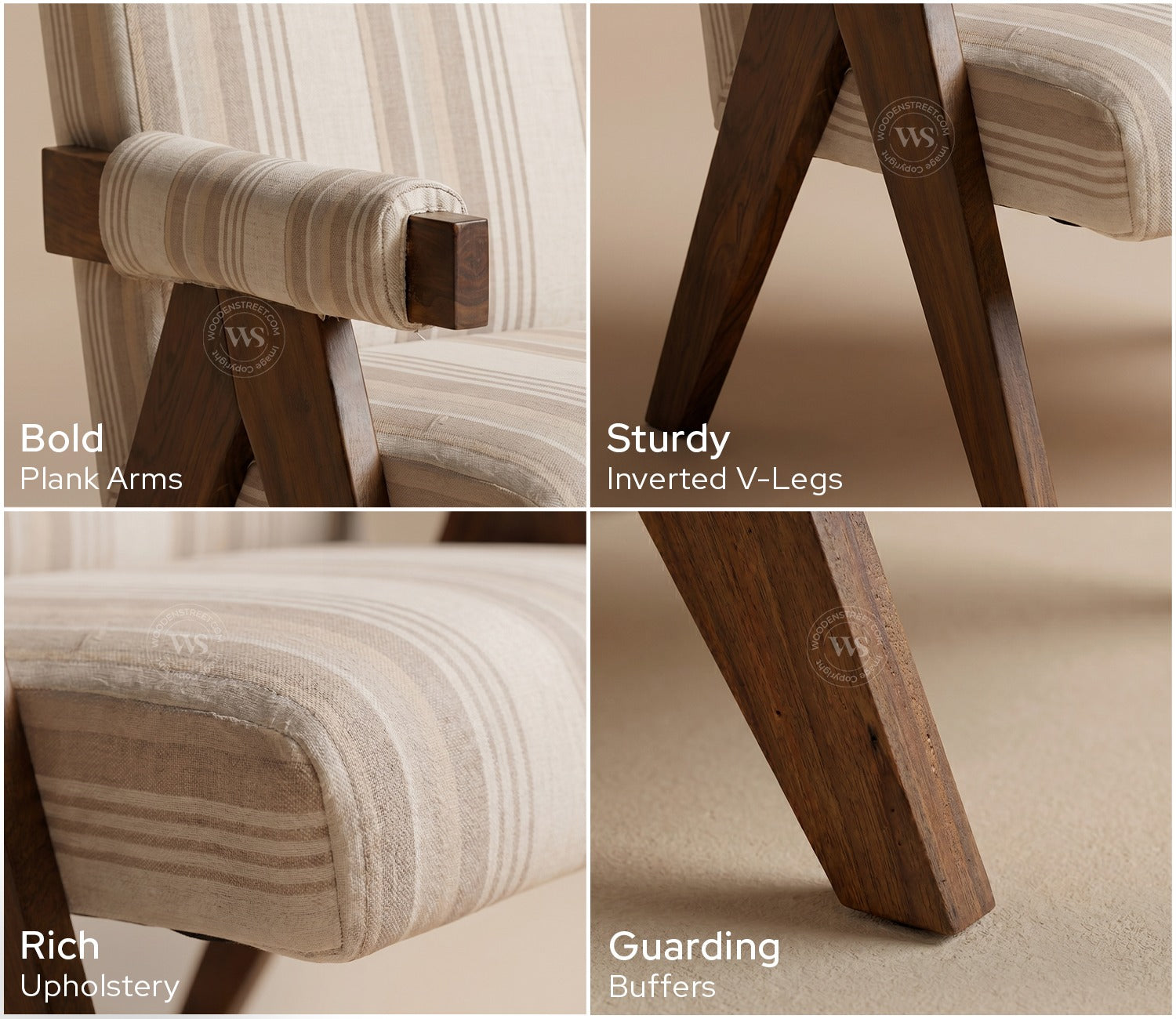 Troupe Sheesham Wood Chandigarh Chair with Premium Upholstery (Cream Stripes, Teak Finish)