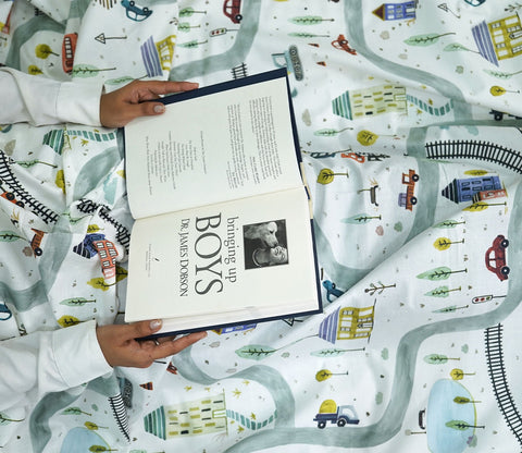 Train And Town Flat Cotton Kids Bed Sheet King Size with 2 Pillow Covers