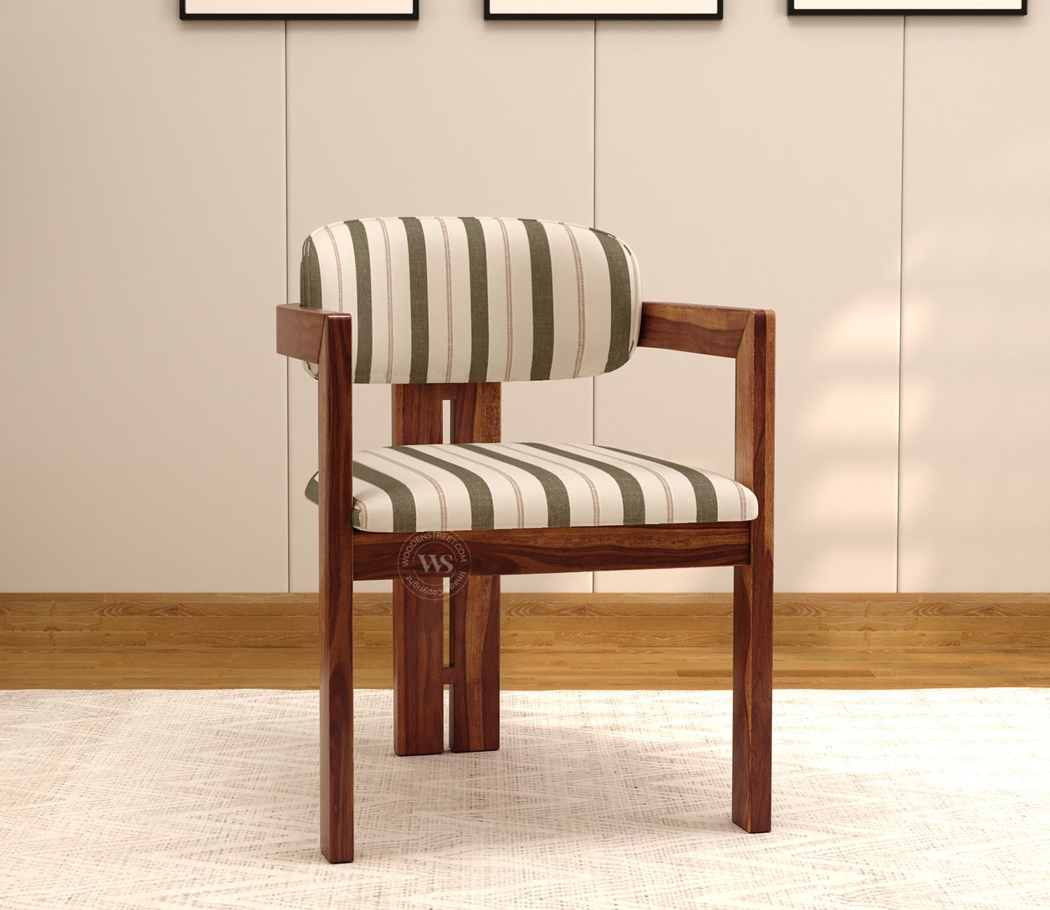 Kaaya Sheesham Wood Arm Chair With Premium Upholstery (Green Stripes, Teak Finish)
