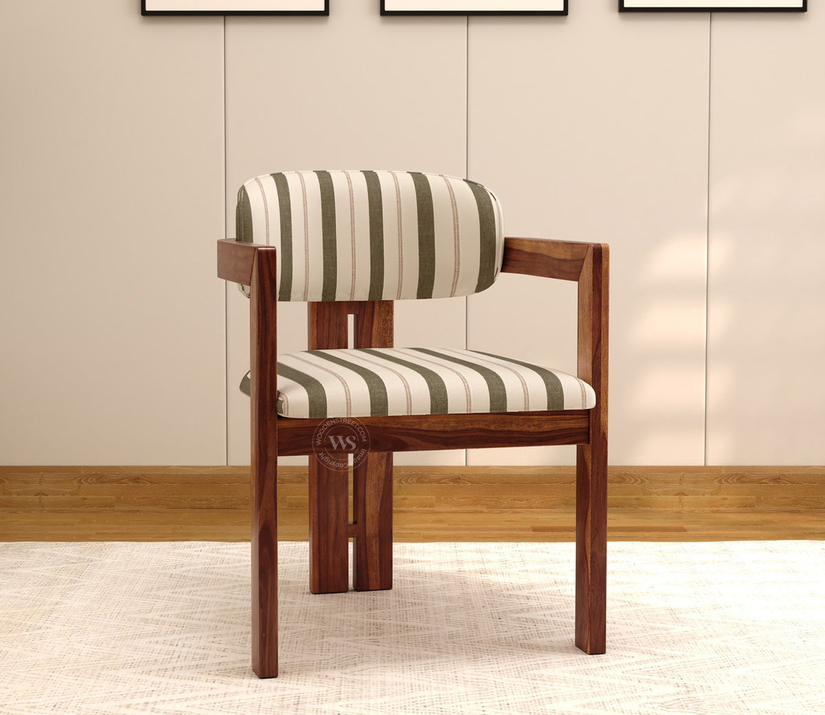 Kaaya Sheesham Wood Arm Chair With Premium Upholstery (Green Stripes, Teak Finish)