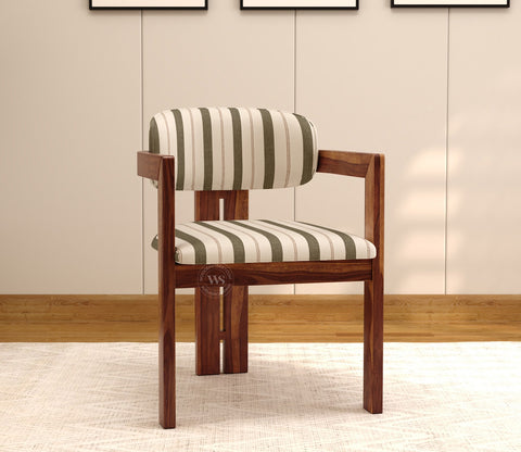Kaaya Sheesham Wood Arm Chair With Premium Upholstery (Green Stripes, Teak Finish)