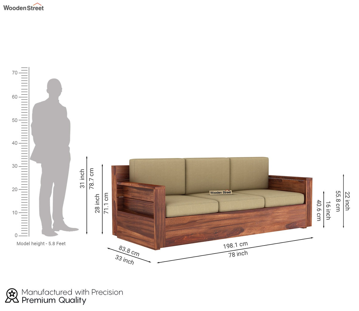 Marriott 3 Seater Wooden Sofa (Honey Irish Cream)