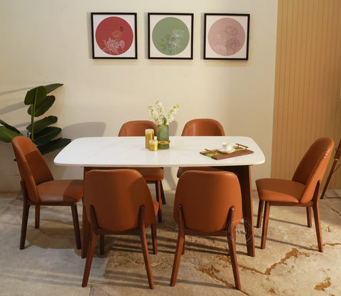 Valence 6 Seater Sheesham Wood Dining Set with Valence Quartz Top Table and Fressia Upholstered Chair (Teak Finish)