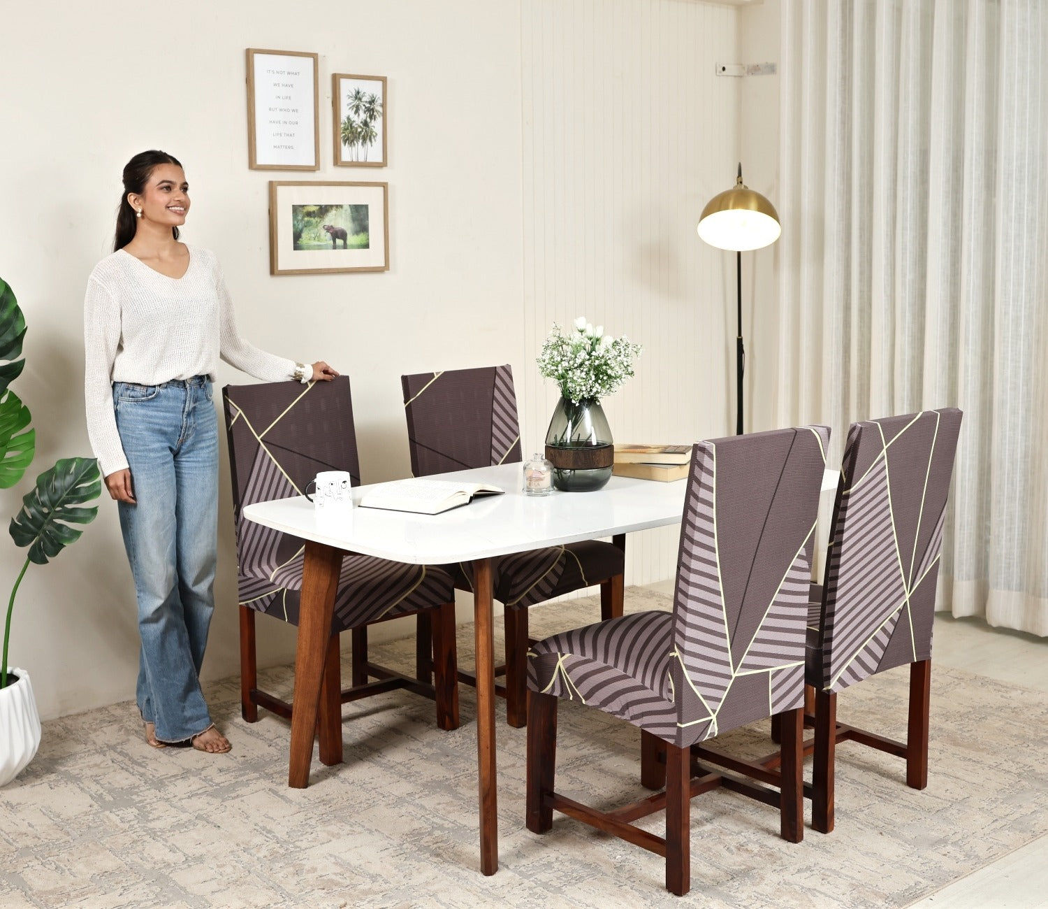 Cason Modern Abstract Printed Polyester Spandex 4 Piece Chair Cover (Grey)
