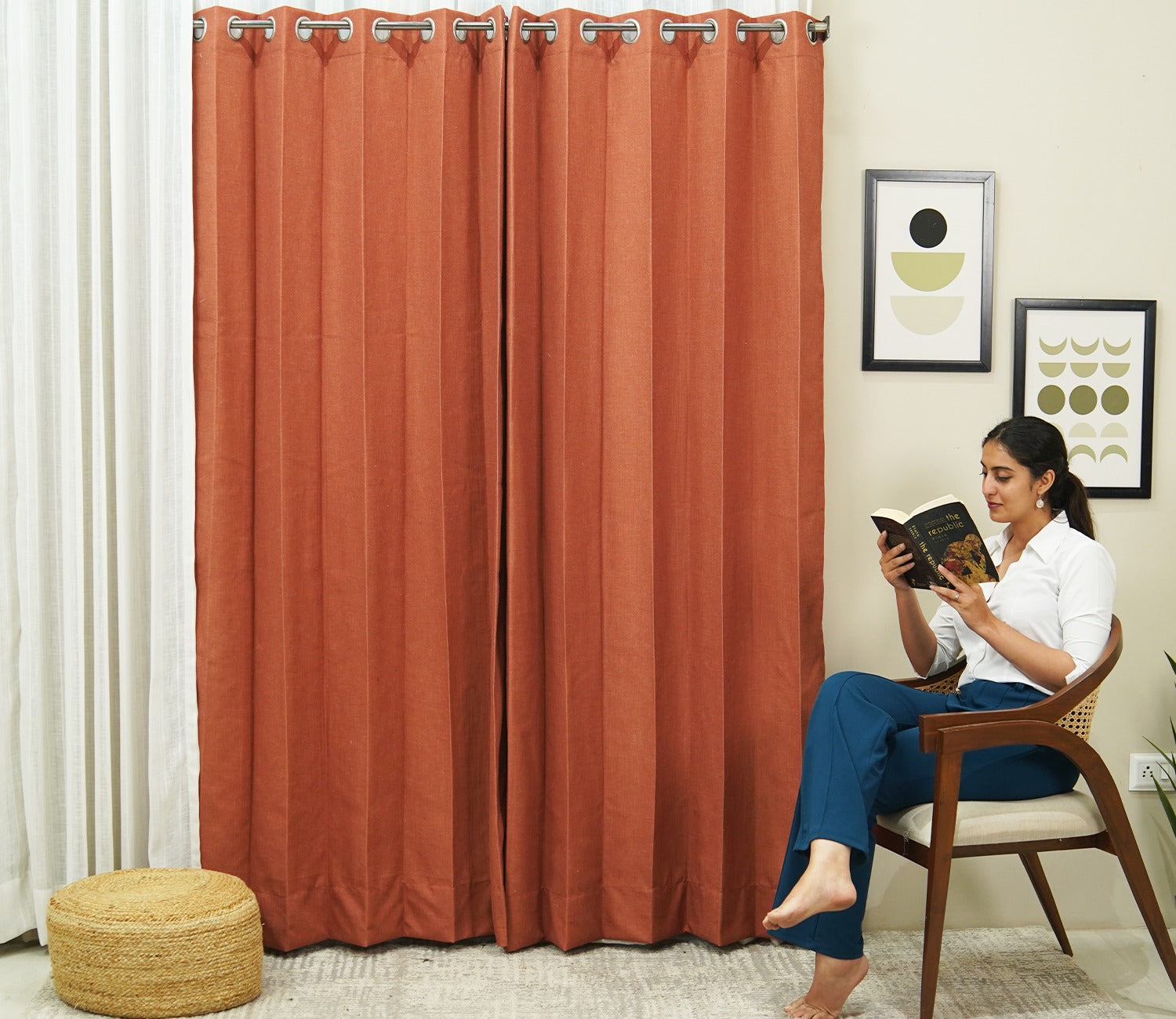 Solid Plain 1 Piece Light-Filtering Curtain (Orange, 7 Feet)