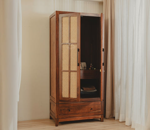 Saanvi Sheesham Wood Wardrobe with Elegant Cane Detailing (Teak Finish)