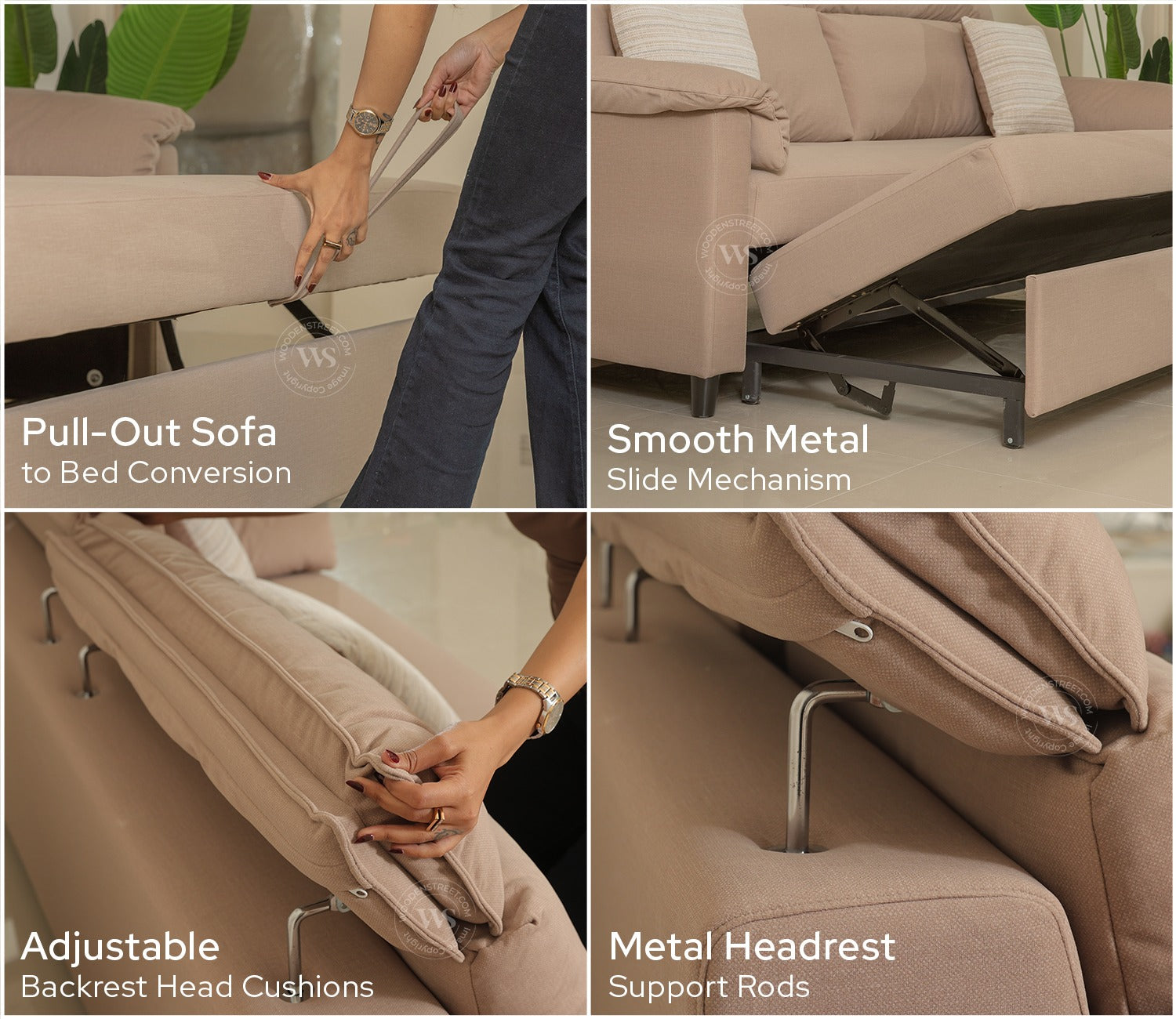 Bruna 3-Seater Convertible Sofa Cum Bed | Pull-Out Mechanism | Adjustable Backrest | Premium Fabric Upholstery | Space-Saving Design (Beige)