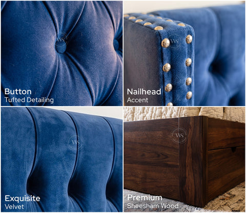 Drewno Sheesham Wood Upholstered Bed With Storage (King Size, Indigo Blue)