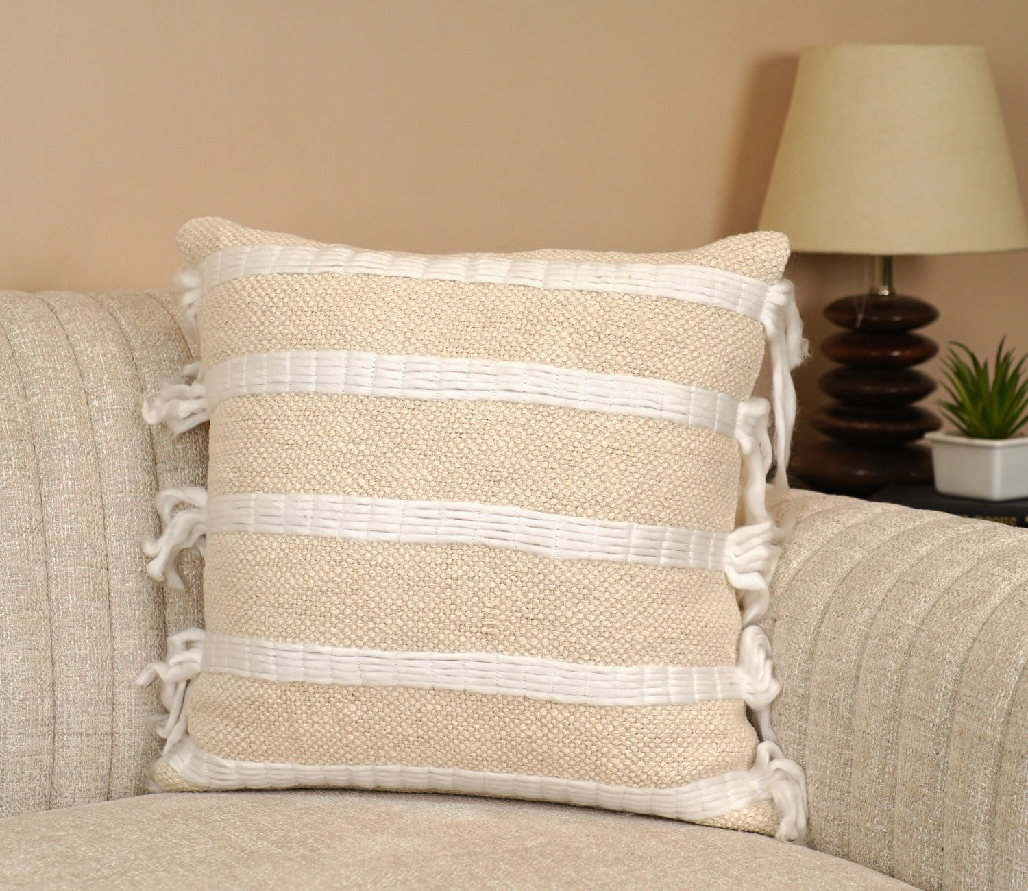 White Tasseled Embroided Cushion Cover-18 x 18