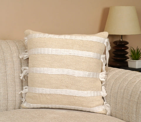 White Tasseled Embroided Cushion Cover-18 x 18