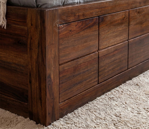 Brixton Sheesham Wood Bed With Box Storage (King Size, Walnut Finish)