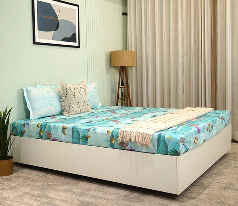 Seashore Flat Cotton Kids Bed Sheet King Size with 2 Pillow Covers