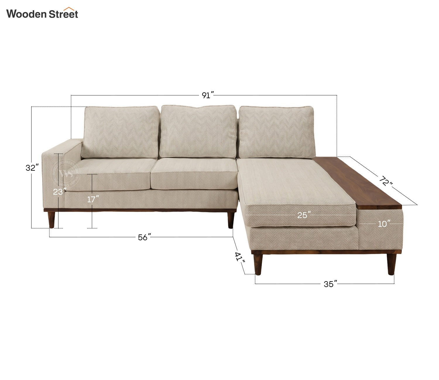 Ashion Premium Right Aligned L Shape Sofa with Built-in Side Wooden Deck (Cottage Ivory)