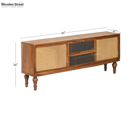Murphy Premium Solid Wood TV Unit With Drawers, Cane & Brass Accents (Sheesham Wood, Teak Finish)