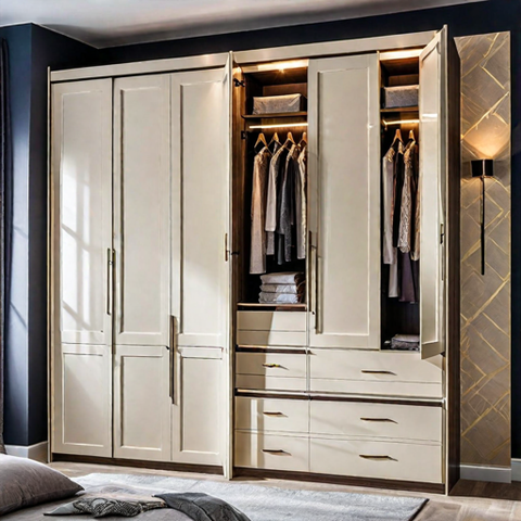 Trueliving  4 Door Fitted wardrobe Laminated Finish & PU Finish with Drawers (6Ft *2Ft *9Ft -1828.8MM X 609MM X 2743.2MM)
