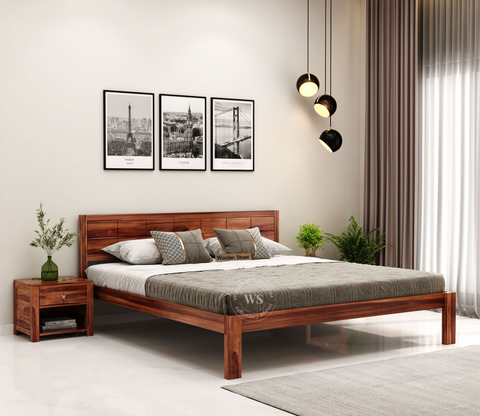 Brixton Sheesham Wood Bed Without Storage (Queen Size, Honey Finish)