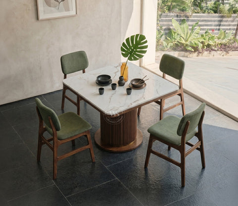 Samanvi 4 Seater Sheesham Wood Dining Table Set with Saumik Marble Top Table and Vinara Chair (Sage Green)