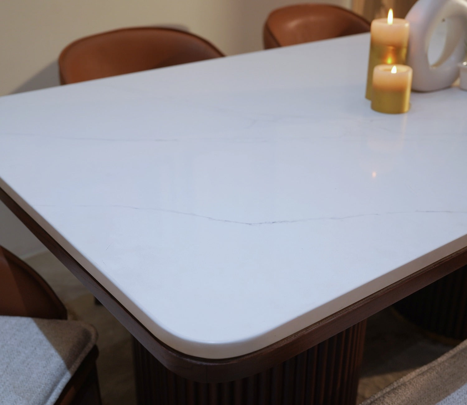 Saumik 6 Seater Sheesham Wood Dining Table with Marble Top (Teak Finish)