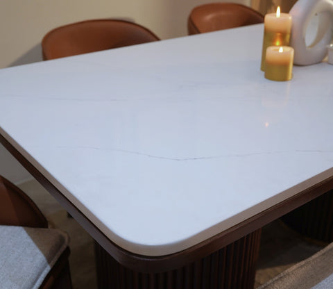 Saumik 6 Seater Sheesham Wood Dining Table with Marble Top (Teak Finish)