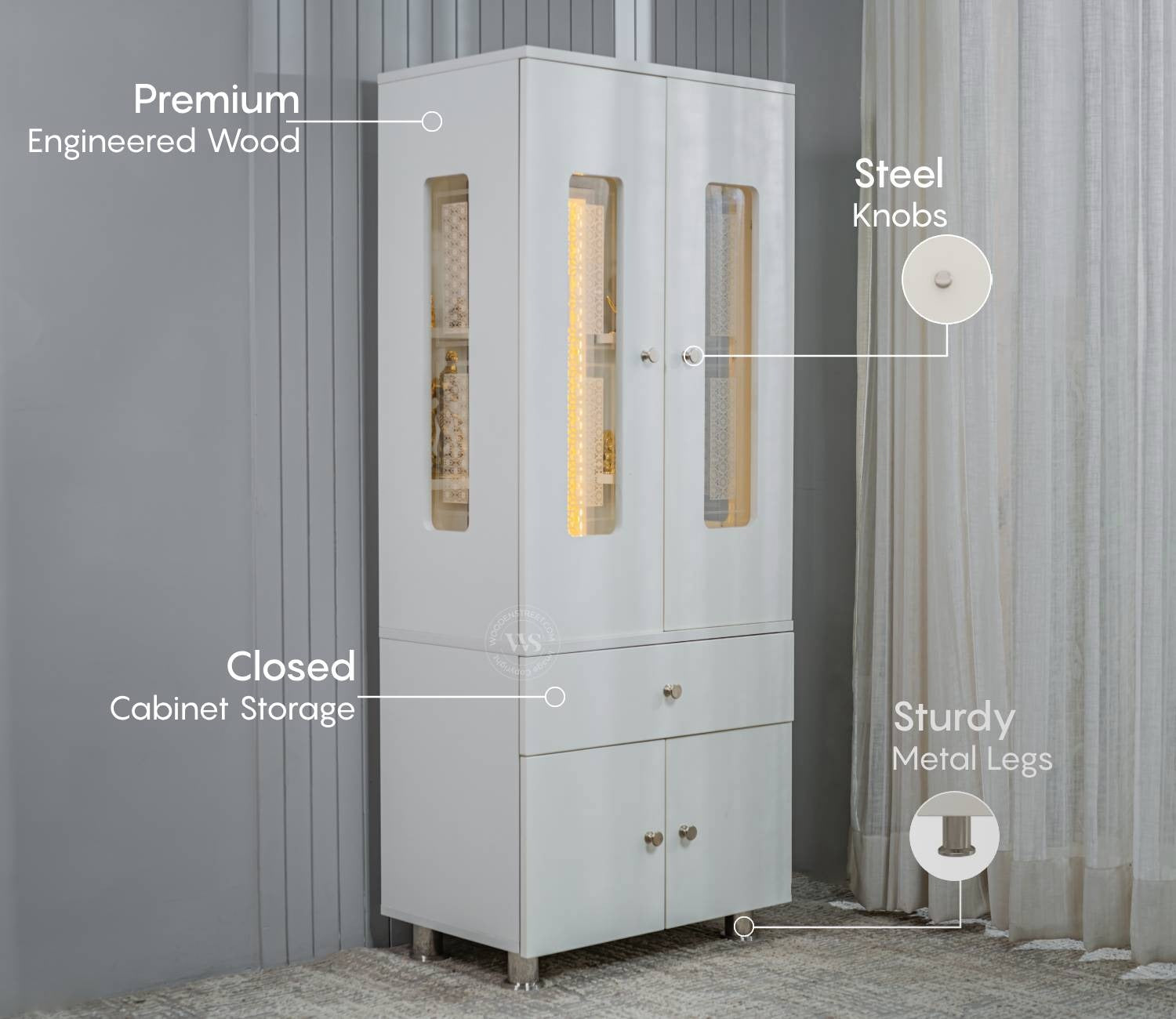 Atharv Engineered Wood Home Temple With Inbuilt LED Light System (White Finish)