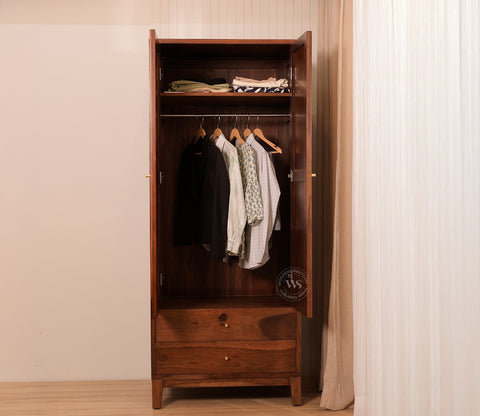 Riwayat Sheesham Wood Wardrobe with Cane & Brass Accent (Teak Finish)