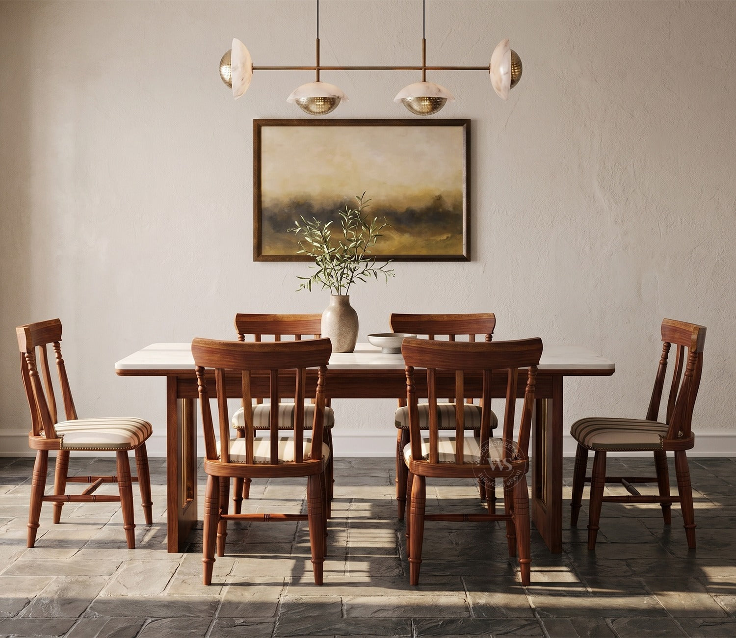 Kanak Designer 6 Seater Sheesham Wood Dining Table Set with Mishaan Quartz Top Table and Misha Chair (Teak Finish)