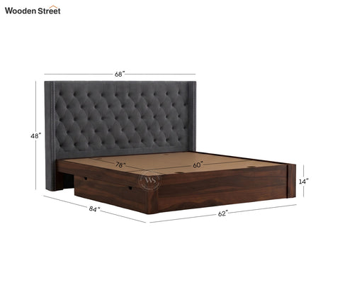 Drewno Sheesham Wood Upholstered Bed With Storage (Queen Size, Graphite Grey)