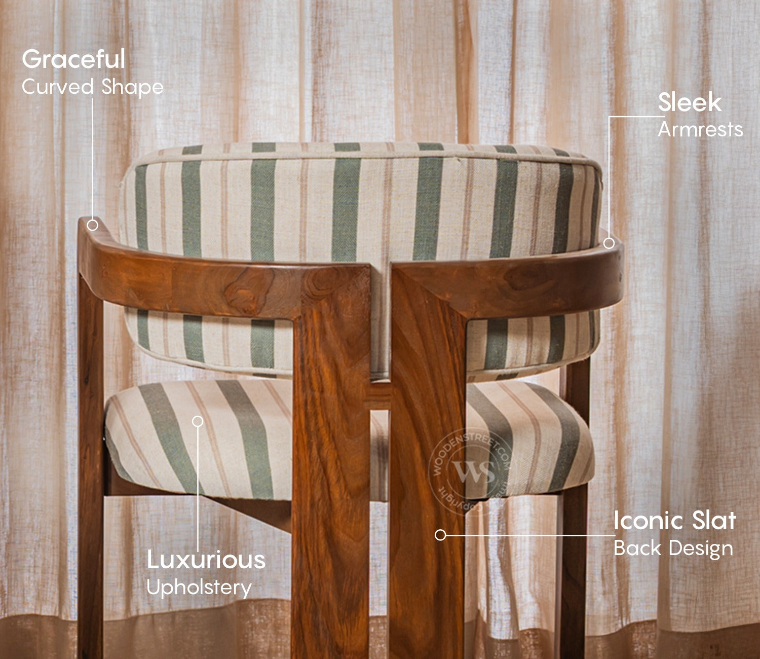 Kaaya Sheesham Wood Arm Chair With Premium Upholstery (Green Stripes, Teak Finish)