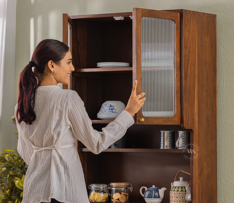 Sanchay Classic Kitchen Cabinet with Fluted Glass, Cane Weave & Brass Knobs (Teak Finish)